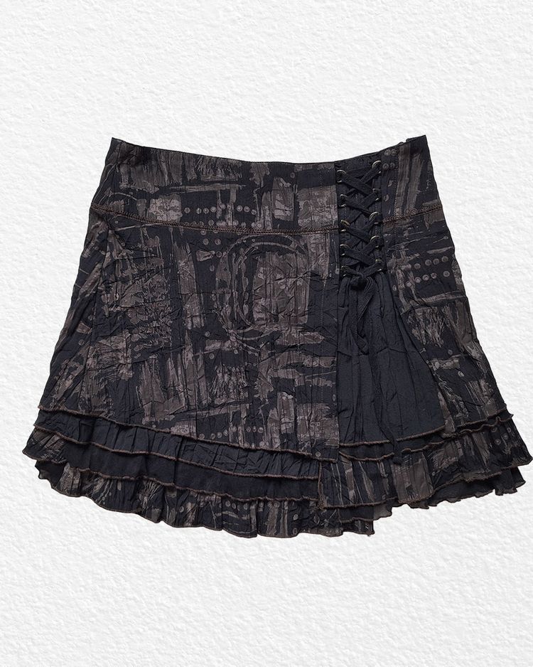 Black/Brown Patterned Mini Skirt With Lace-Up Detail