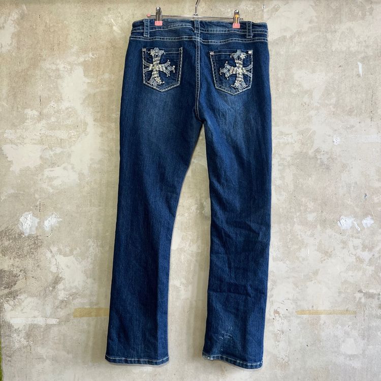 Blue Denim Jeans With Embellished Back Pockets