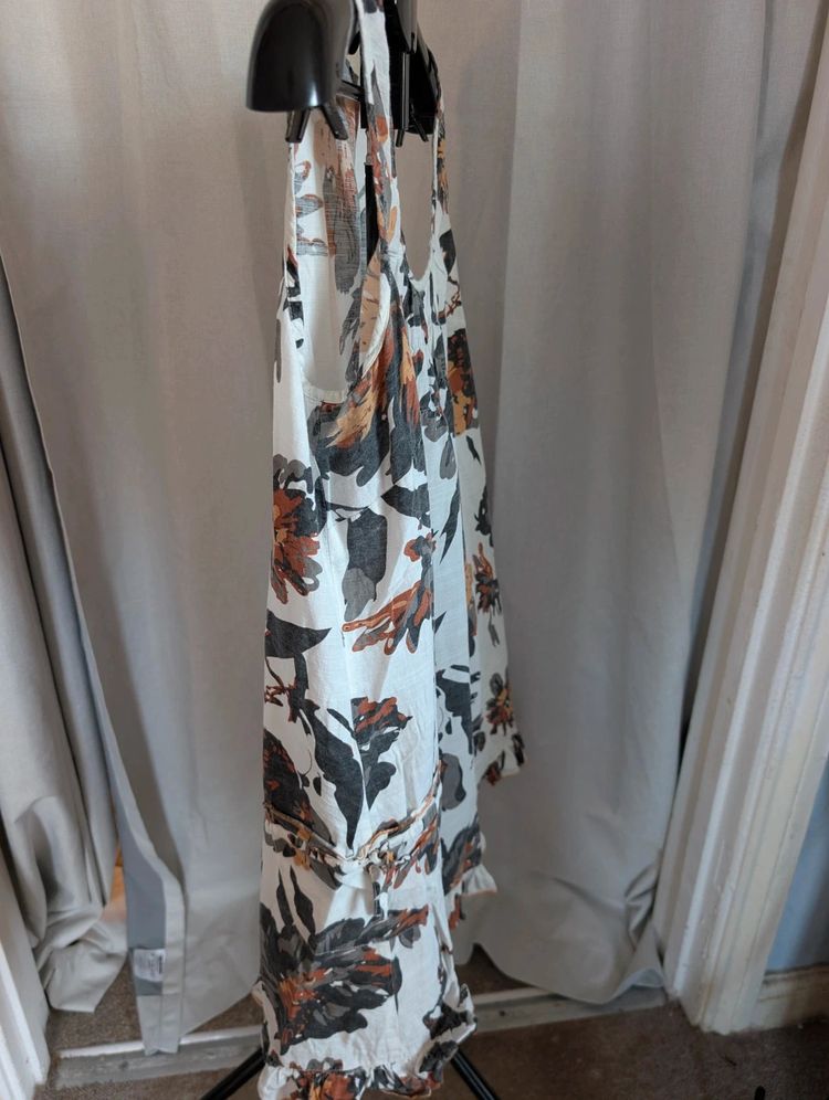 Lagenlook Floral Linen Blend Sleeveless Tunic Dress Boho Pockets Cream image 6
