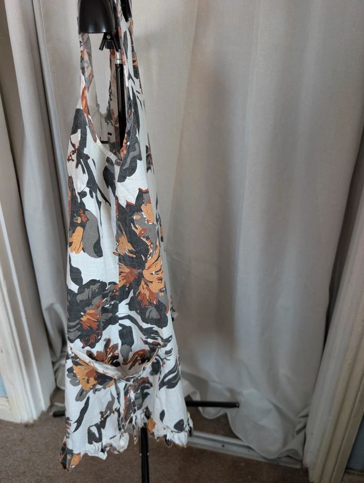 Lagenlook Floral Linen Blend Sleeveless Tunic Dress Boho Pockets Cream image 5