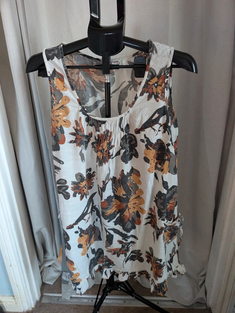 Lagenlook Floral Linen Blend Sleeveless Tunic Dress Boho Pockets Cream image 1