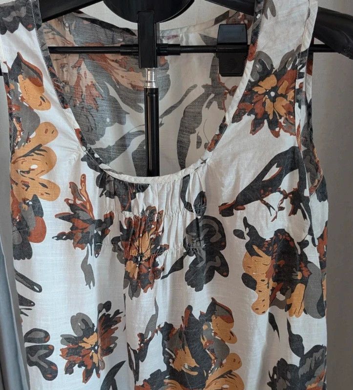 Lagenlook Floral Linen Blend Sleeveless Tunic Dress Boho Pockets Cream image 8