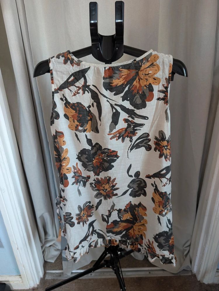 Lagenlook Floral Linen Blend Sleeveless Tunic Dress Boho Pockets Cream image 4