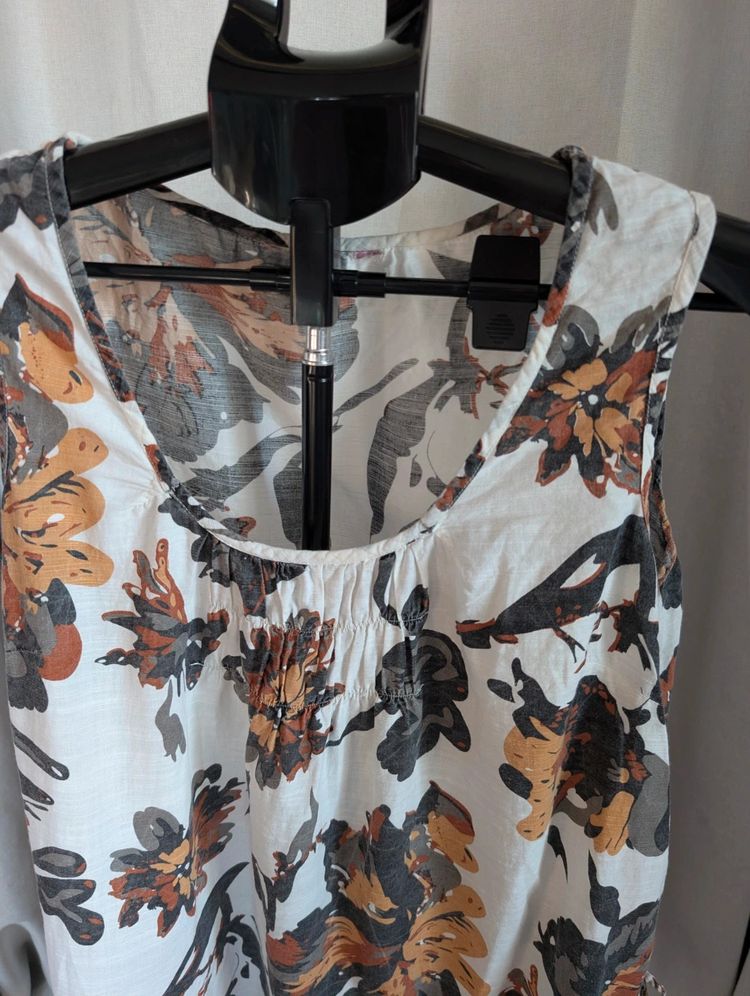 Lagenlook Floral Linen Blend Sleeveless Tunic Dress Boho Pockets Cream image 2