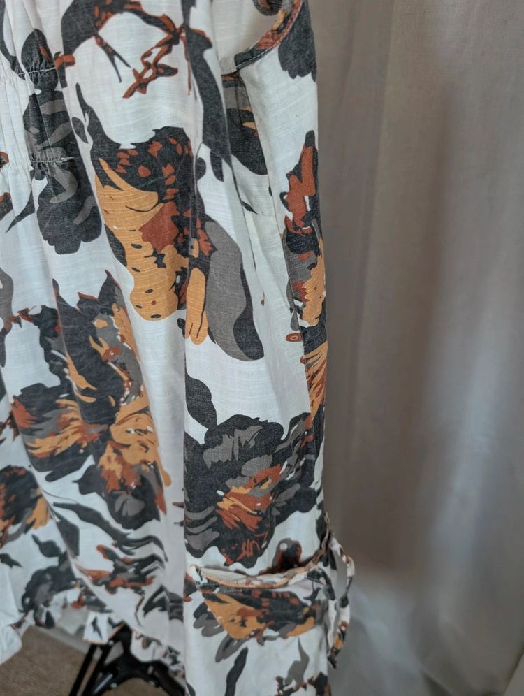 Lagenlook Floral Linen Blend Sleeveless Tunic Dress Boho Pockets Cream image 3