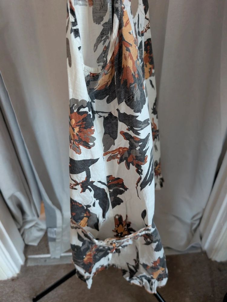 Lagenlook Floral Linen Blend Sleeveless Tunic Dress Boho Pockets Cream image 7