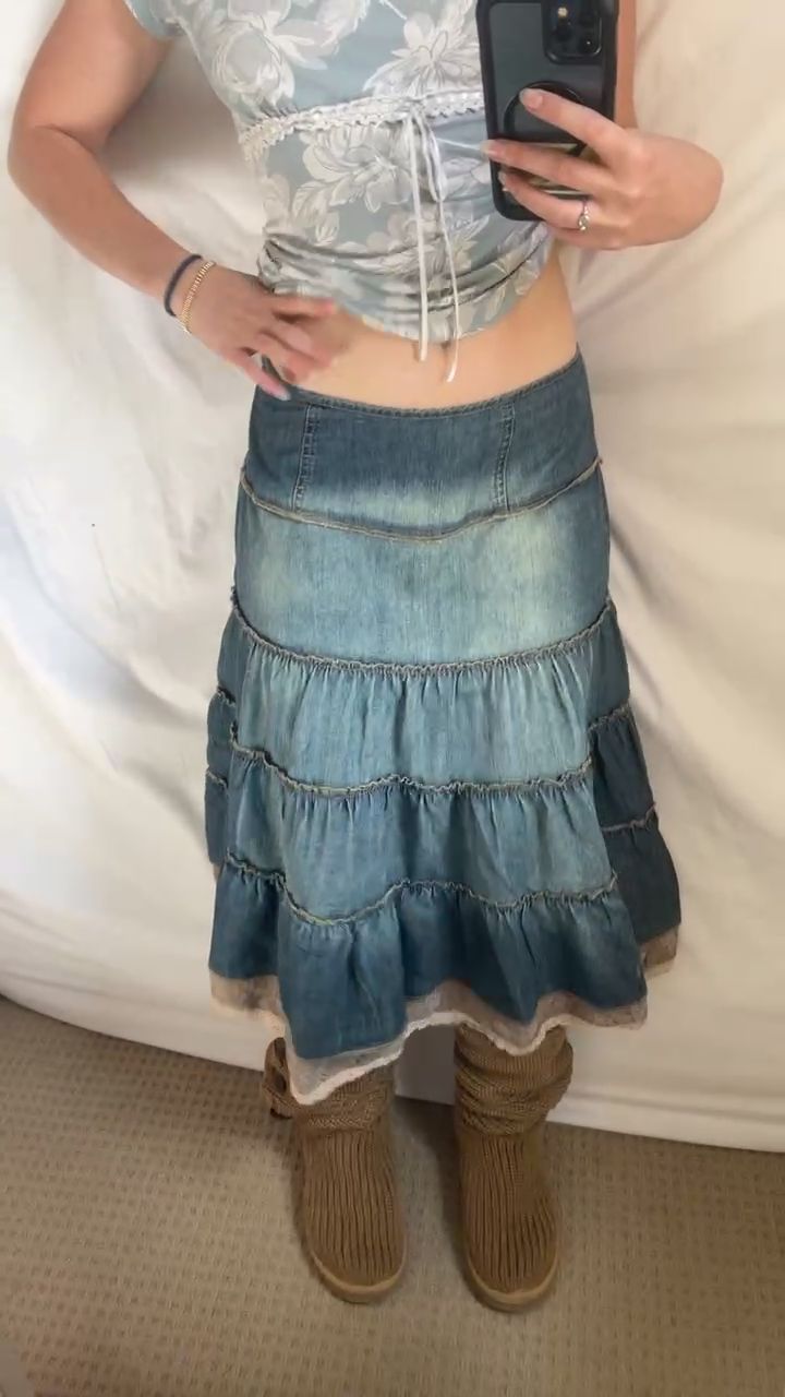 Y2K Tiered Denim Midi Skirt image 1