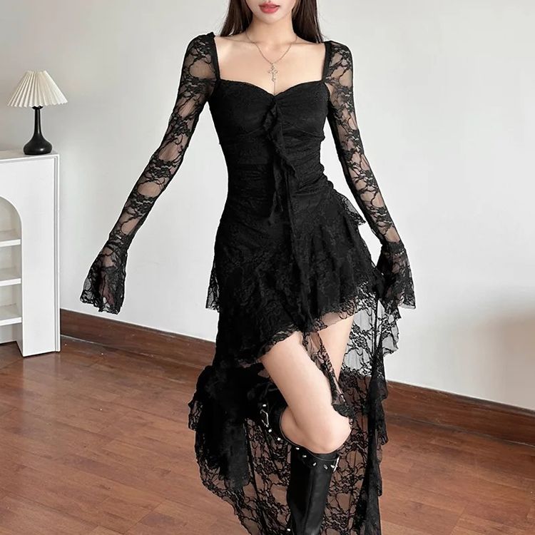 Black Lace Long Sleeve Dress With Asymmetrical Hem image 2