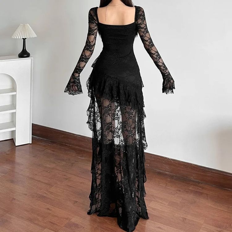 Other Black Lace Long Sleeve Dress With Asymmetrical Hem product image