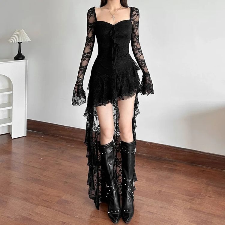 Black Lace Long Sleeve Dress With Asymmetrical Hem image 3