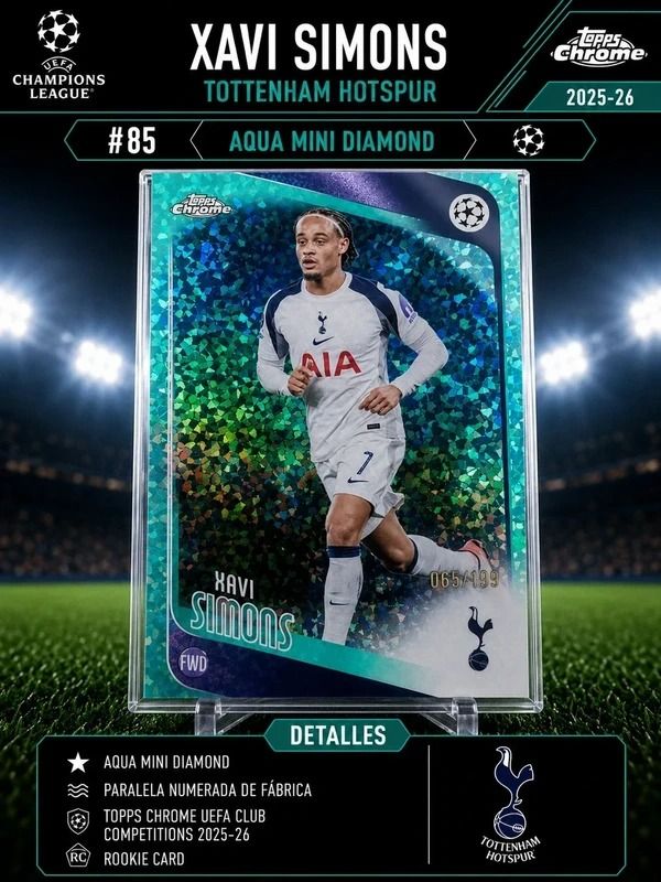 Immagine di Xavi Simons Topps Chrome UCC 2025-26 #85 Tottenham Aqua Mini Diamond Numerada 065/199 1