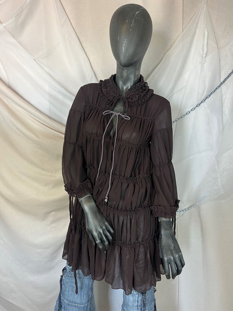 Brown Long-Sleeve Tiered Dress With Ruffled Collar