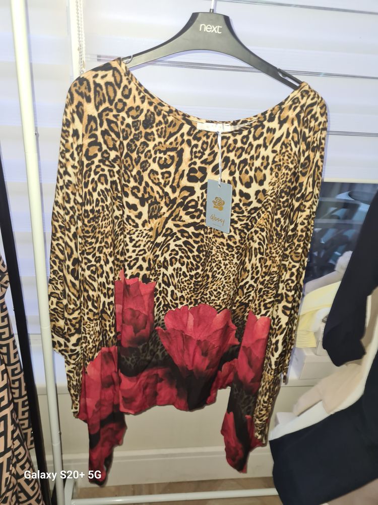 Leopard Print Top With Red Floral Hem image 1
