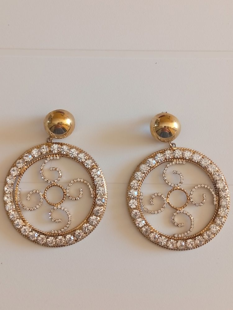 Gold-Tone Circular Drop Earrings With Rhinestones image 1