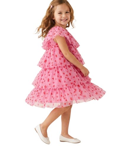 Girl's Ruffle Tulle Dress in Pink Hearts 5