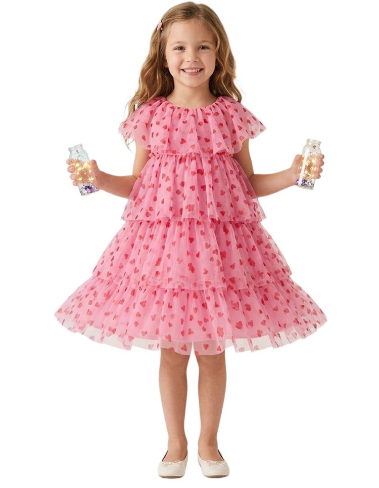Girl's Ruffle Tulle Dress in Pink Hearts