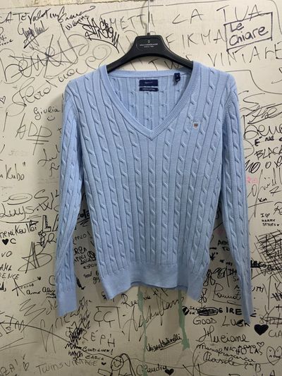 Gant Light Blue Cable Knit V-Neck Sweater