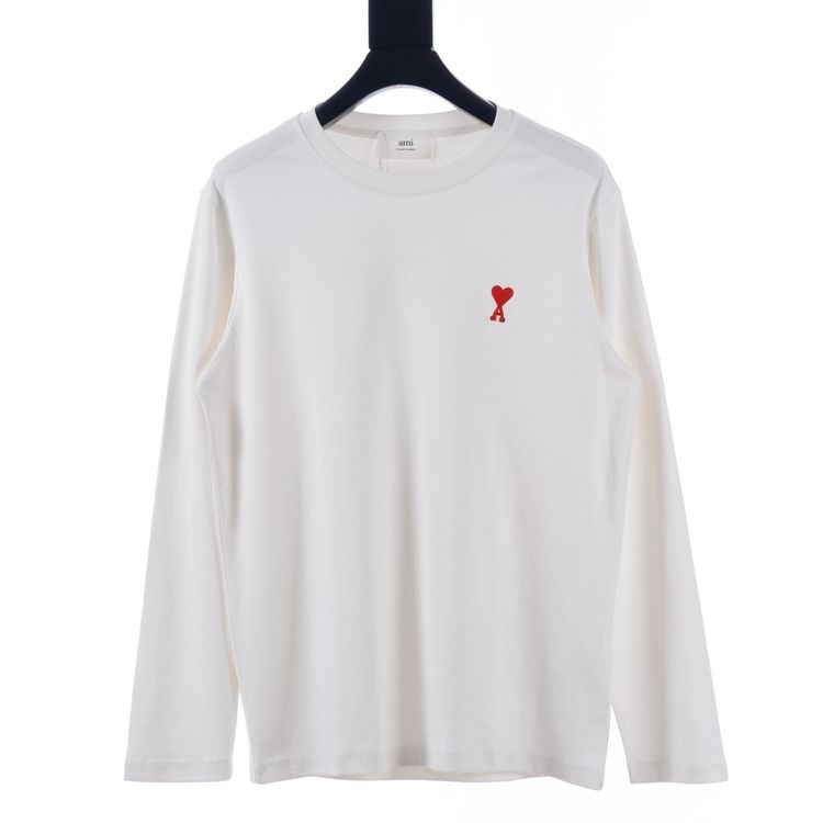 Ami White Long Sleeve T-Shirt With Red Heart A Logo