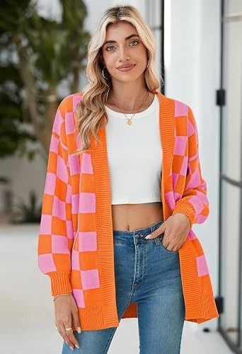 Orange And Pink Checkered Cardigan obraz 2
