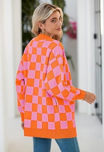 Orange And Pink Checkered Cardigan obraz 3