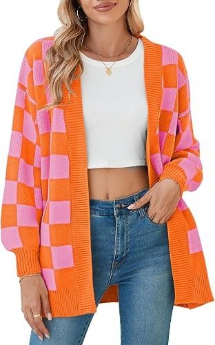 Orange And Pink Checkered Cardigan obraz 4