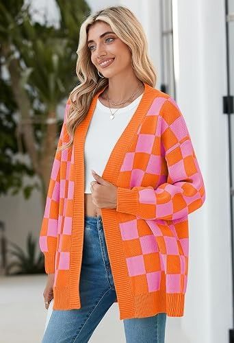 Orange And Pink Checkered Cardigan