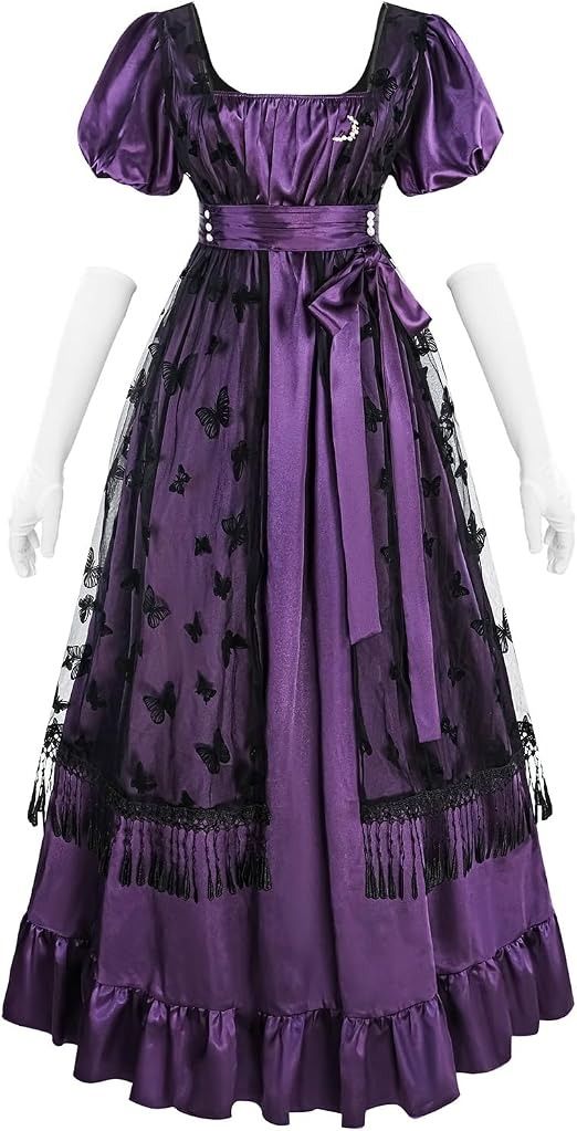 Purple Satin Dress With Black Butterfly Lace Overlay And Matching Belt imagen 1