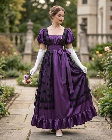 Purple Satin Dress With Black Butterfly Lace Overlay And Matching Belt imagen 2
