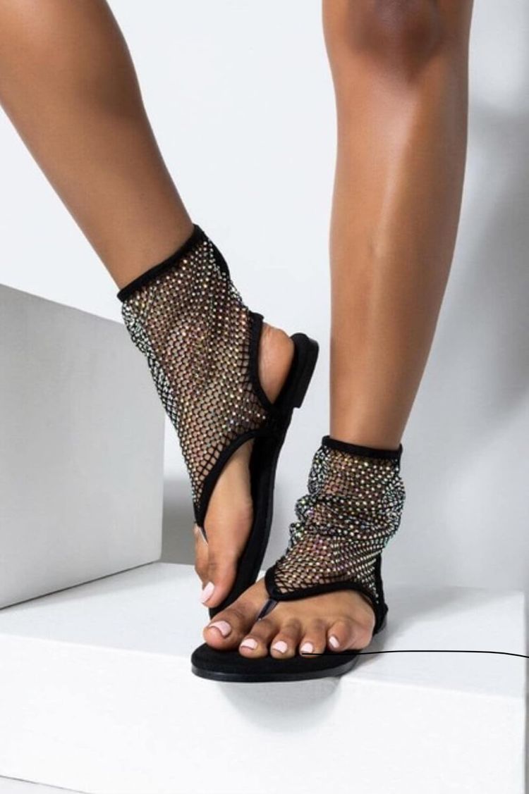 Black Embellished Open-Toe Flat Sandals 3