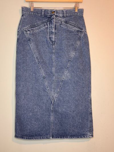 vintage 1980s acid-wash denim midi skirt by driver