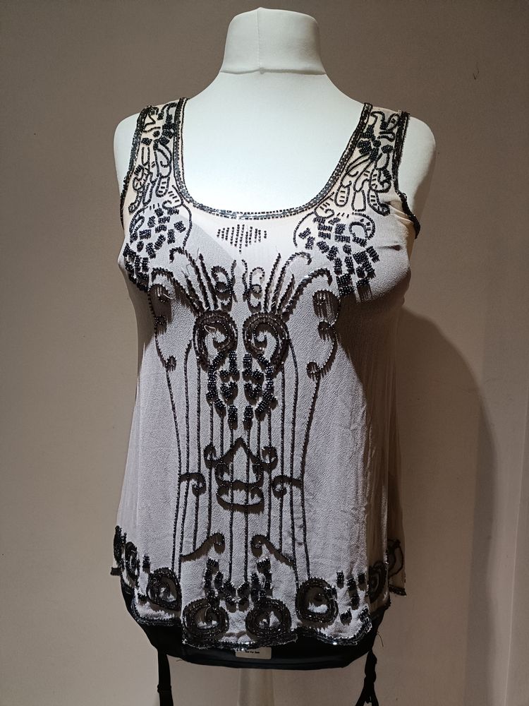Lipsy Beige Sleeveless Top With Black Sequin Design