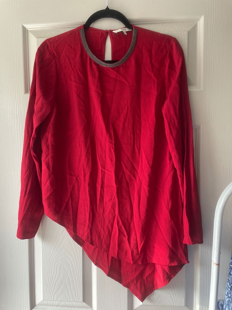 Next Red Long Sleeve Asymmetrical Hem Top