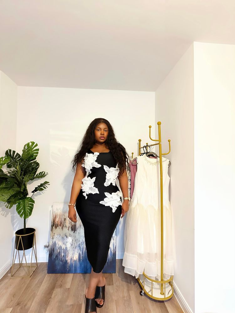 Black Midi Dress With White Floral Appliques