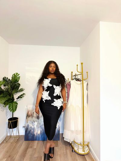 Black Midi Dress With White Floral Appliques
