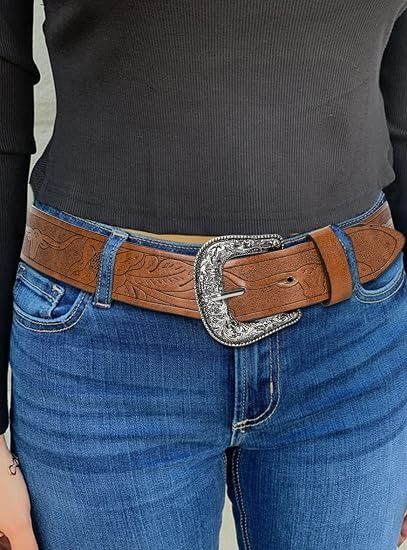 Brown Embossed Leather Belt With Silver Buckle image 1