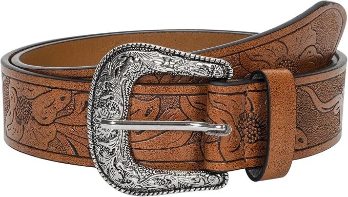 Brown Embossed Leather Belt With Silver Buckle image 2