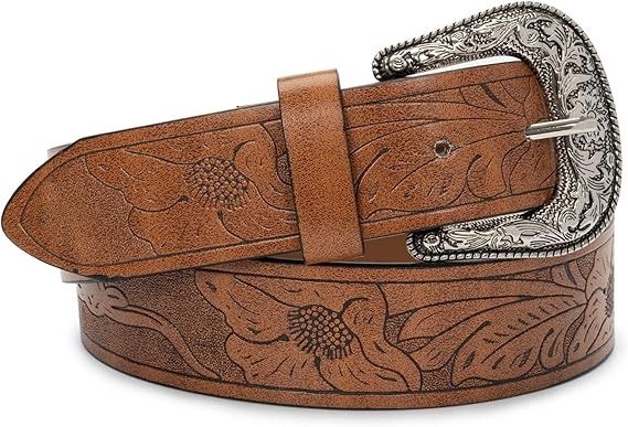 Brown Embossed Leather Belt With Silver Buckle image 3