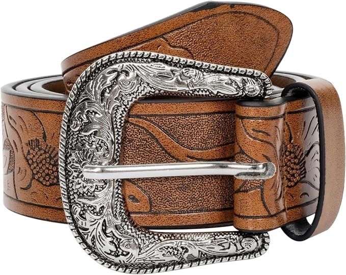 Brown Embossed Leather Belt With Silver Buckle image 4