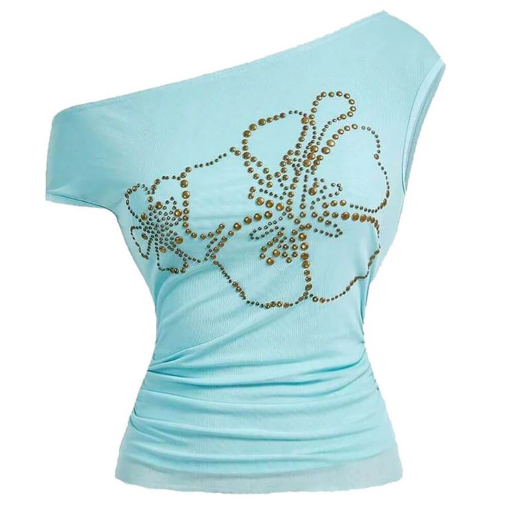 Light Blue One-Shoulder Top With Rhinestone Floral Design image 1