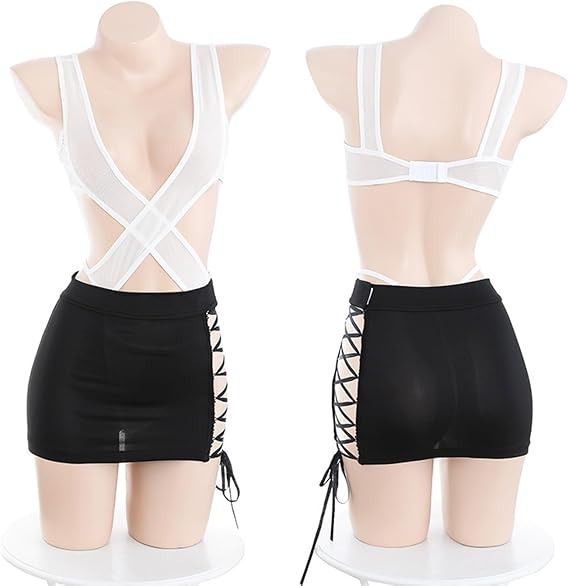 White Crisscross Mesh Bodysuit With Black Lace-Up Mini Skirt imagen 4
