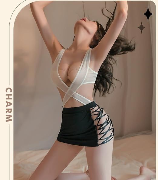 White Crisscross Mesh Bodysuit With Black Lace-Up Mini Skirt imagen 2