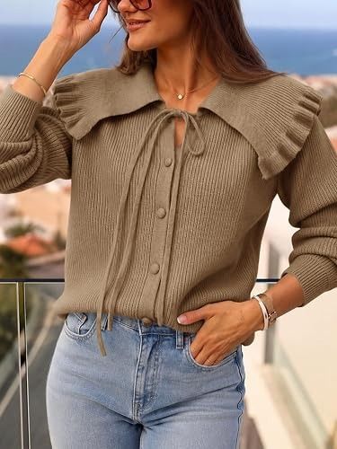 Brown Knit Cardigan With Ruffled Collar 2