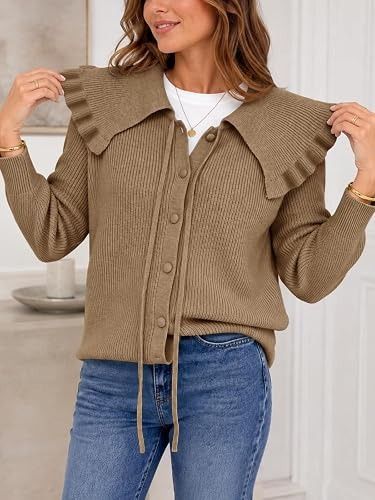 Other Brown Knit Cardigan With Ruffled Collar product image