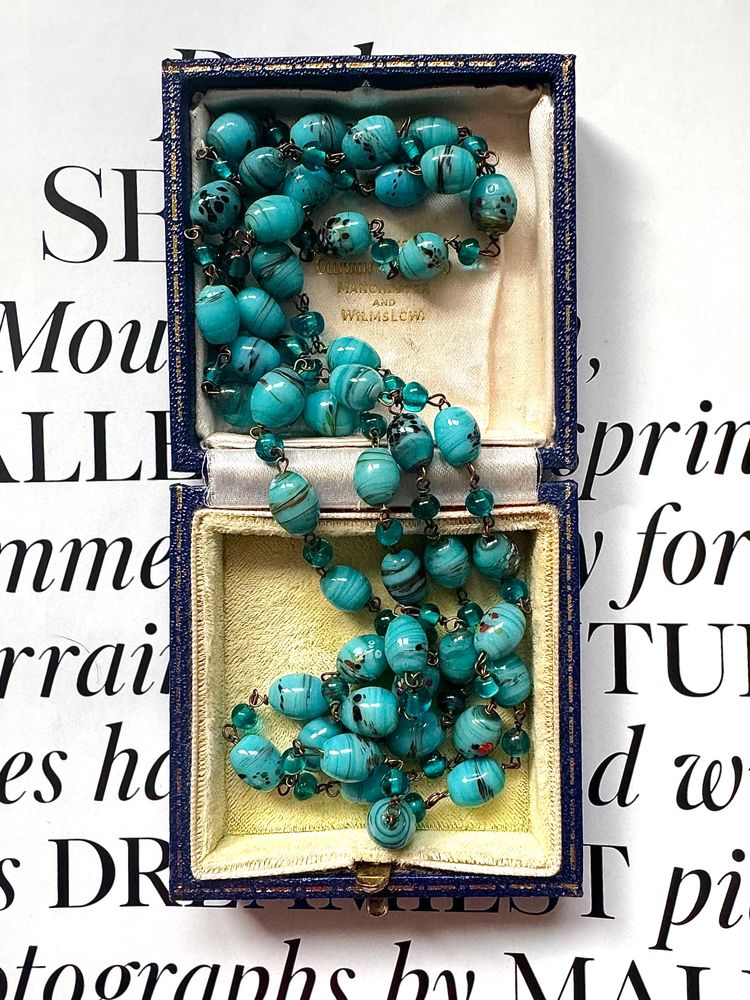 Vintage Turquoise Glass Bead Necklace - Bohemian Murano Style Strand