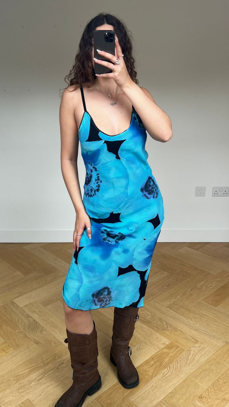 00s blue floral midi dress- size L 2