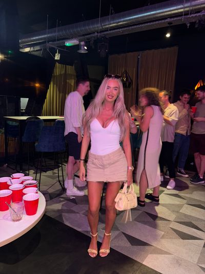 Beige Distressed Denim Skirt