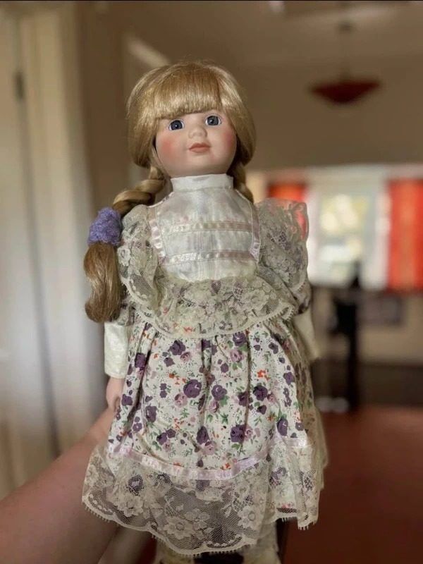 Porcelain Doll With Floral Dress And Lace Apron image 2
