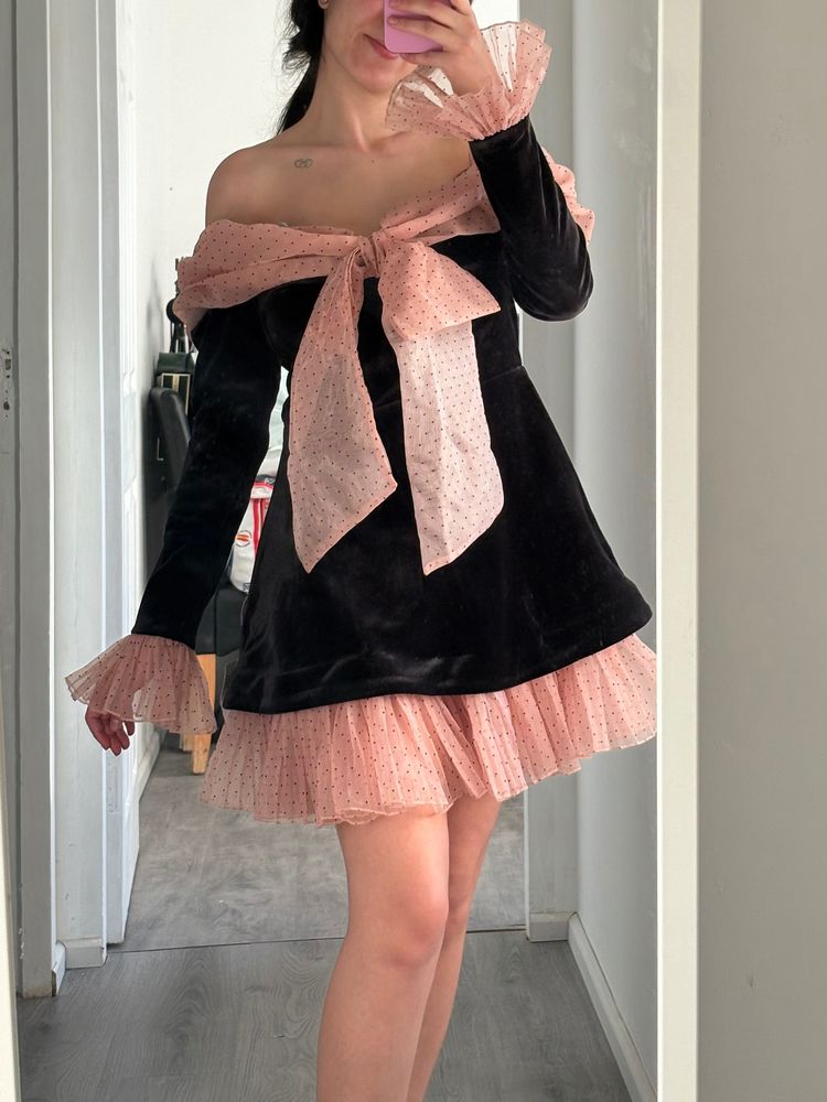 Asos Luxe Black Velvet Dress With Pink Polka Dot Tulle
