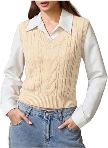 Beige Cable Knit Sleeveless Sweater Vest image 1