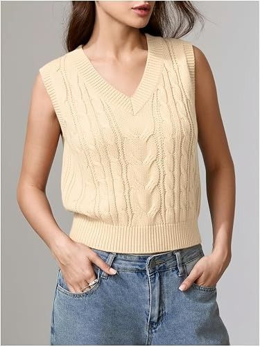 Beige Cable Knit Sleeveless Sweater Vest image 2